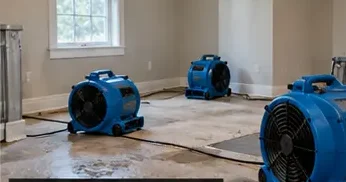 Air movers set up to dry a room