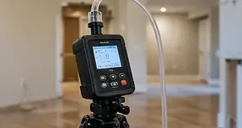Air quality testing device on a tripod in a room