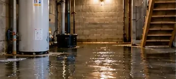 Flooded basement with standing water and a water heater