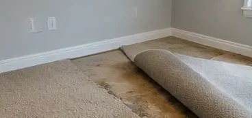 Carpet lifted to dry the subfloor