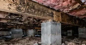 Crawl space with mold-stained joists and fallen insulation