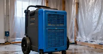 Commercial dehumidifier and containment set up in a lower-level room