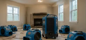 Air movers and dehumidifier set up in a living room to dry a water-damaged structure