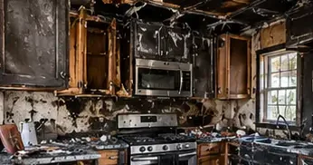 Fire-damaged kitchen before restoration