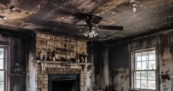 Living room with smoke-blackened walls and ceiling after a fire