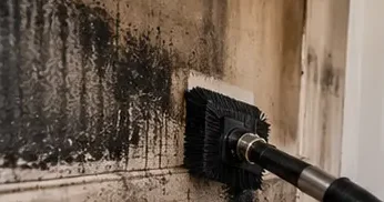 Technician cleaning soot from a wall with a brush attachment