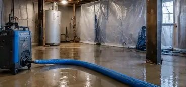 Extraction hose and dehumidifier in a flooded basement